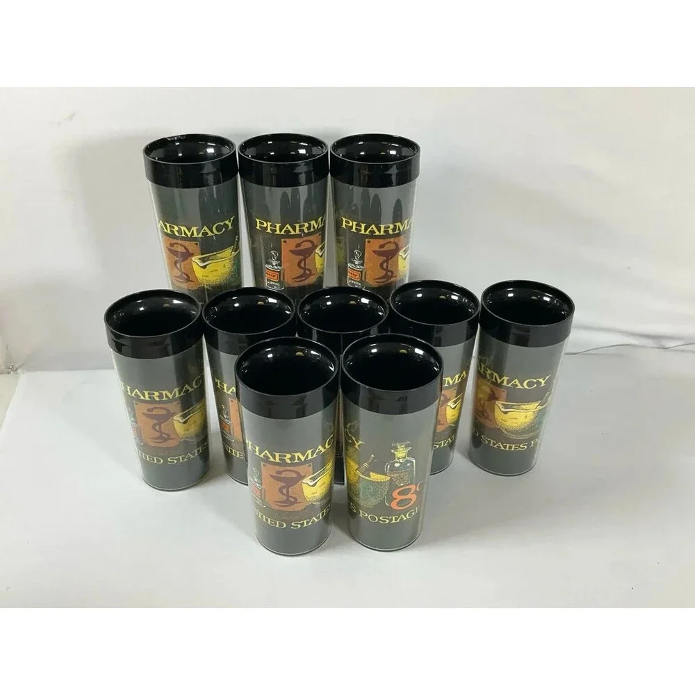 Vintage 70s Thermo Serv 23pc Pharmacy Postage Stamp Drinkware Set Collectible